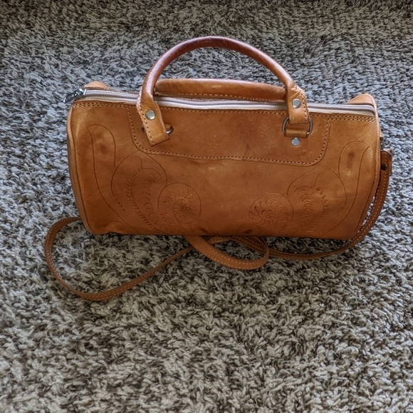 Genuine Leather Purse Hand Tooled Design Burnished with Detachable Strap - Picture 7 of 13